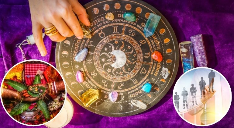 "Vedic Astrology Consultation tools with birth chart, gemstones, and pendulum used for career, marriage, and health guidance in Gurgaon and Delhi