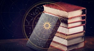 "Stack of ancient astrology books with zodiac signs and horoscope symbols — representing Vedic astrology knowledge and horoscope study.