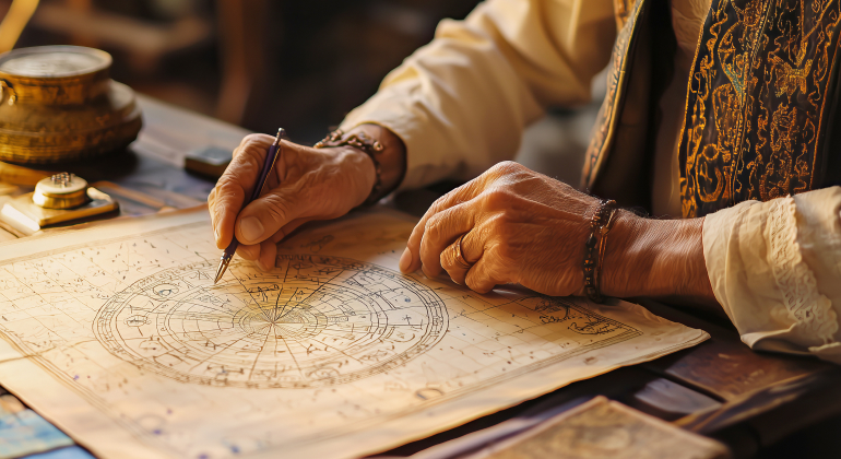 An astrologer drawing a birth chart on parchment with precise calculations, representing traditional astrology consultation in India.