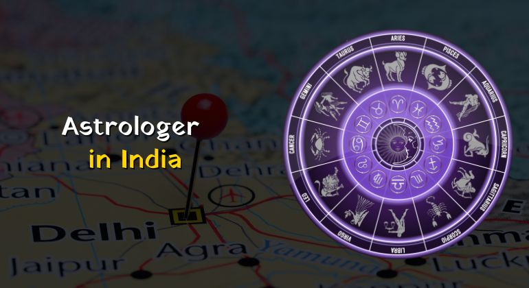 Astrologer in India highlighted on map with zodiac wheel over Delhi and Agra region