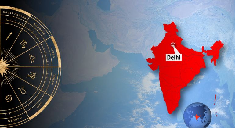 Map of India highlighting Delhi with astrology zodiac wheel on the side, symbolizing leading astrologer in India