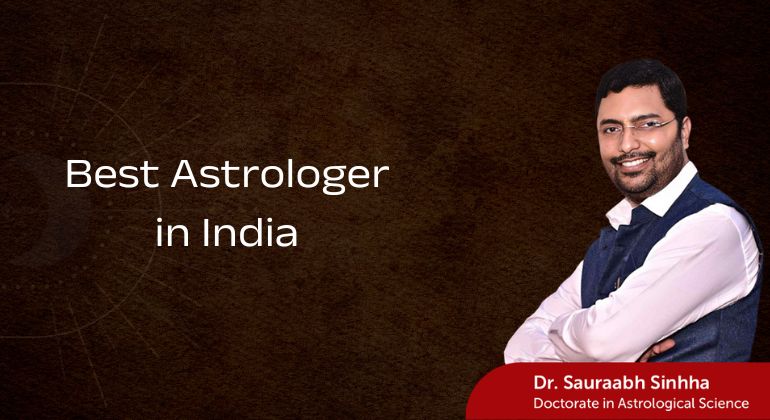 Dr. Sauraabh Sinhha smiling with folded arms on a dark textured background featuring the text "Best Astrologer in India" and a red label reading "Doctorate in Astrological Science".