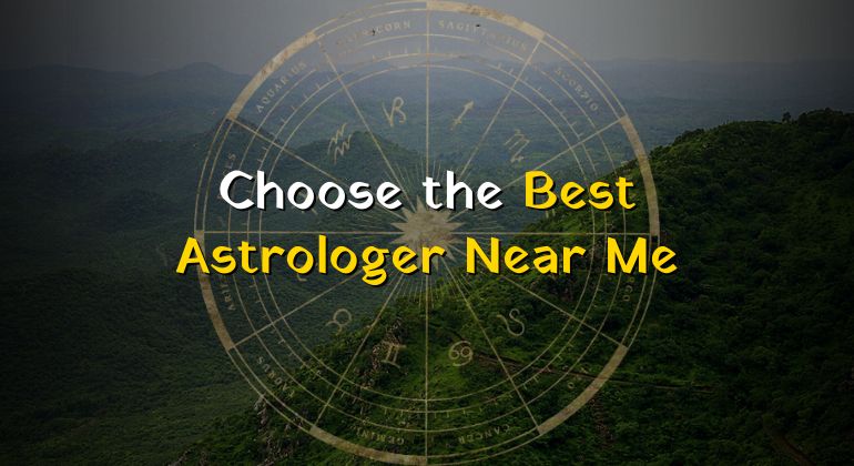 Zodiac wheel overlay on forest background with text 'Choose the Best Astrologer Near Me'