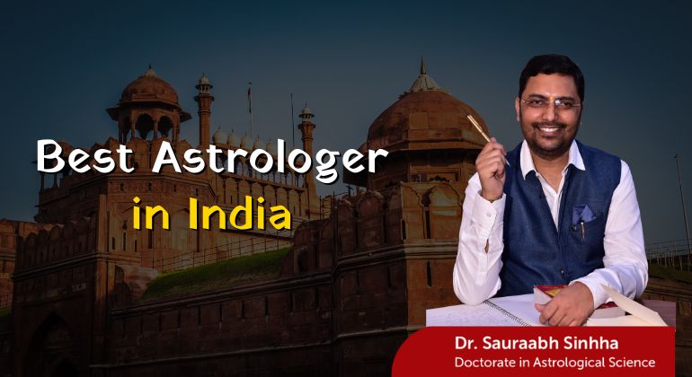 Dr. Sauraabh Sinhha, best astrologer in India, seated with Red Fort background and astrology books