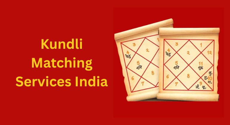Two traditional kundli charts on scrolls displayed against a red background with the text "Kundli Matching Services India" written in yellow.