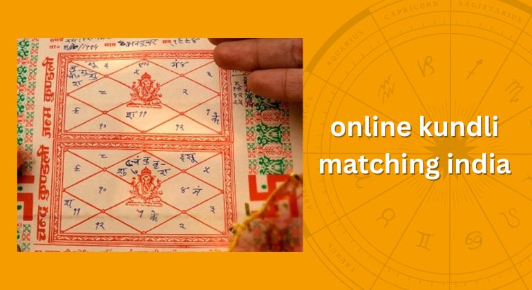 Hand holding a traditional printed kundli with red markings, alongside the text "online kundli matching india" on an orange background featuring a subtle zodiac wheel.