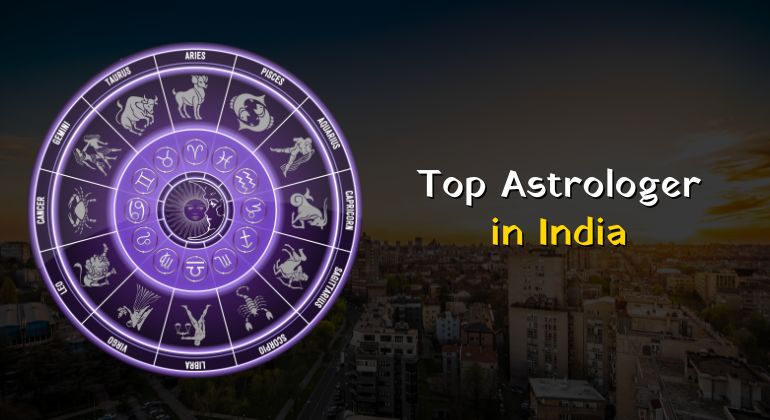 Zodiac wheel graphic representing the top astrologer in India with a city skyline background