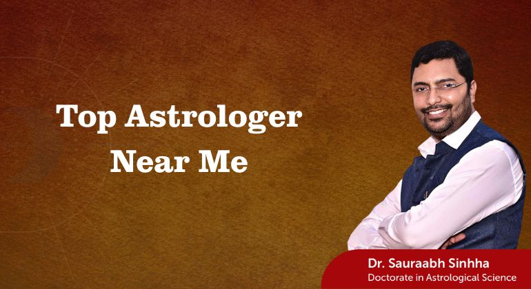Dr. Sauraabh Sinhha, top astrologer near me, standing beside text on brown background