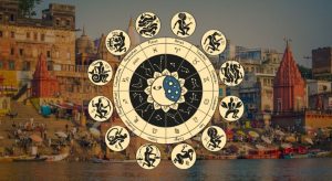 Zodiac signs chart with traditional Indian city backdrop and riverfront view