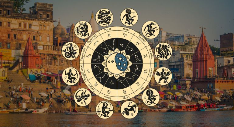 Zodiac signs chart with traditional Indian city backdrop and riverfront view