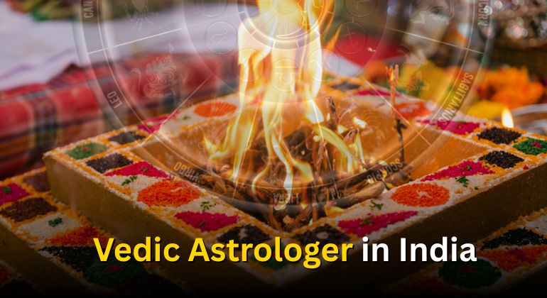 Vedic astrologer in India performing sacred fire ritual (havan) for personalized astrological guidance and spiritual remedies.