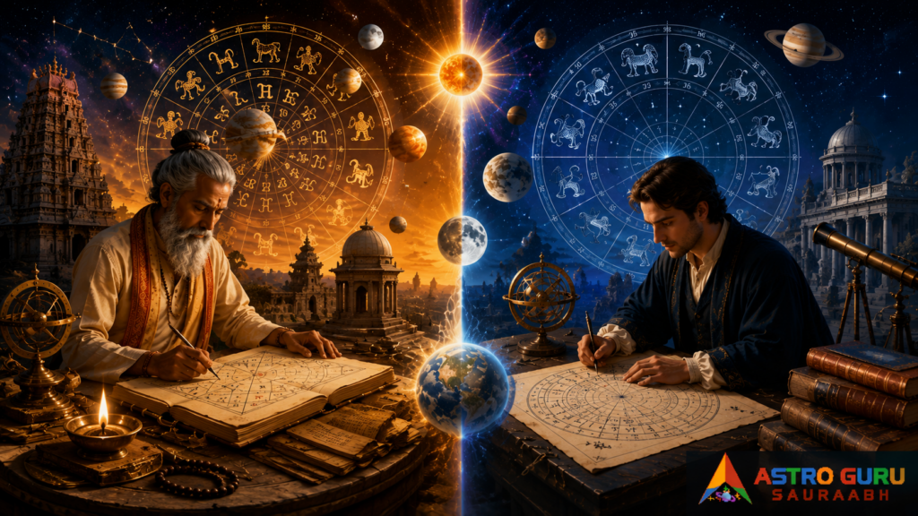 Side-by-side comparison of Vedic astrology and Western astrology featuring traditional Indian and Western astrologers, birth charts, zodiac symbols, and celestial planets.