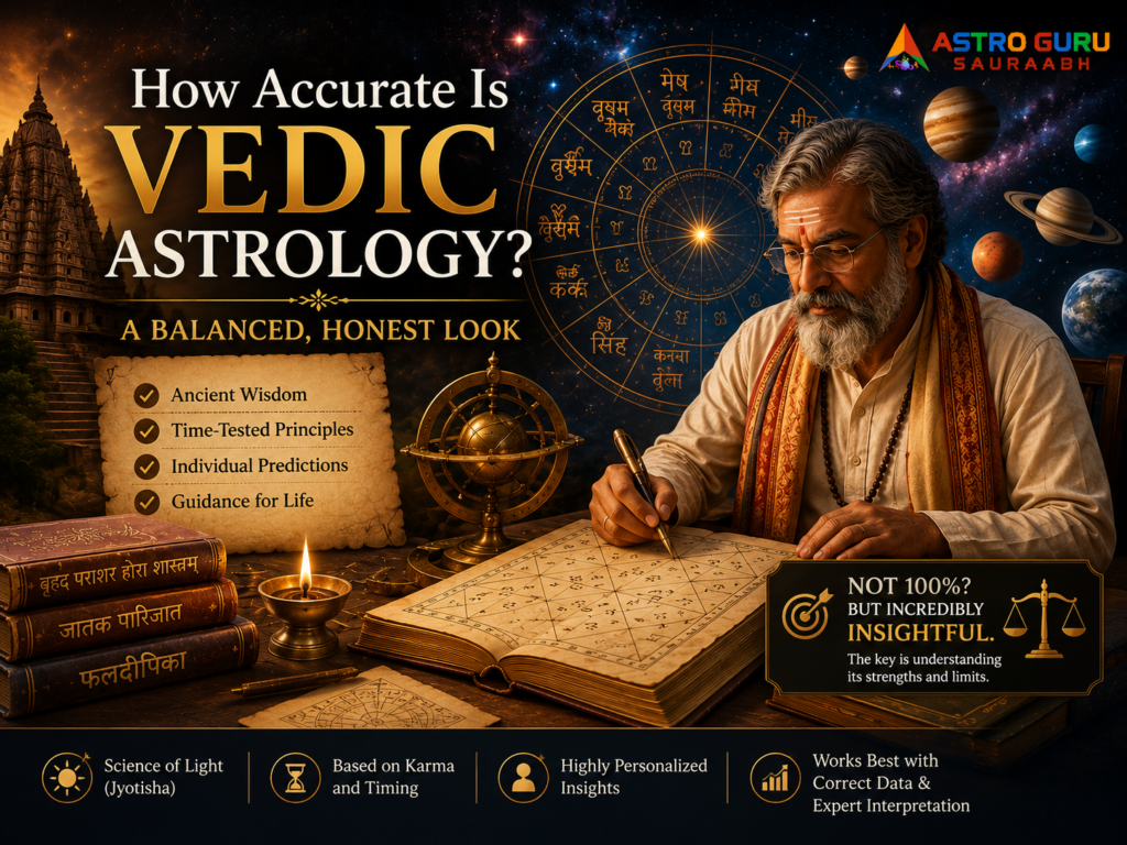 How accurate is Vedic astrology? Traditional Indian astrologer analyzing a Vedic birth chart with zodiac symbols, planets, and cosmic elements.